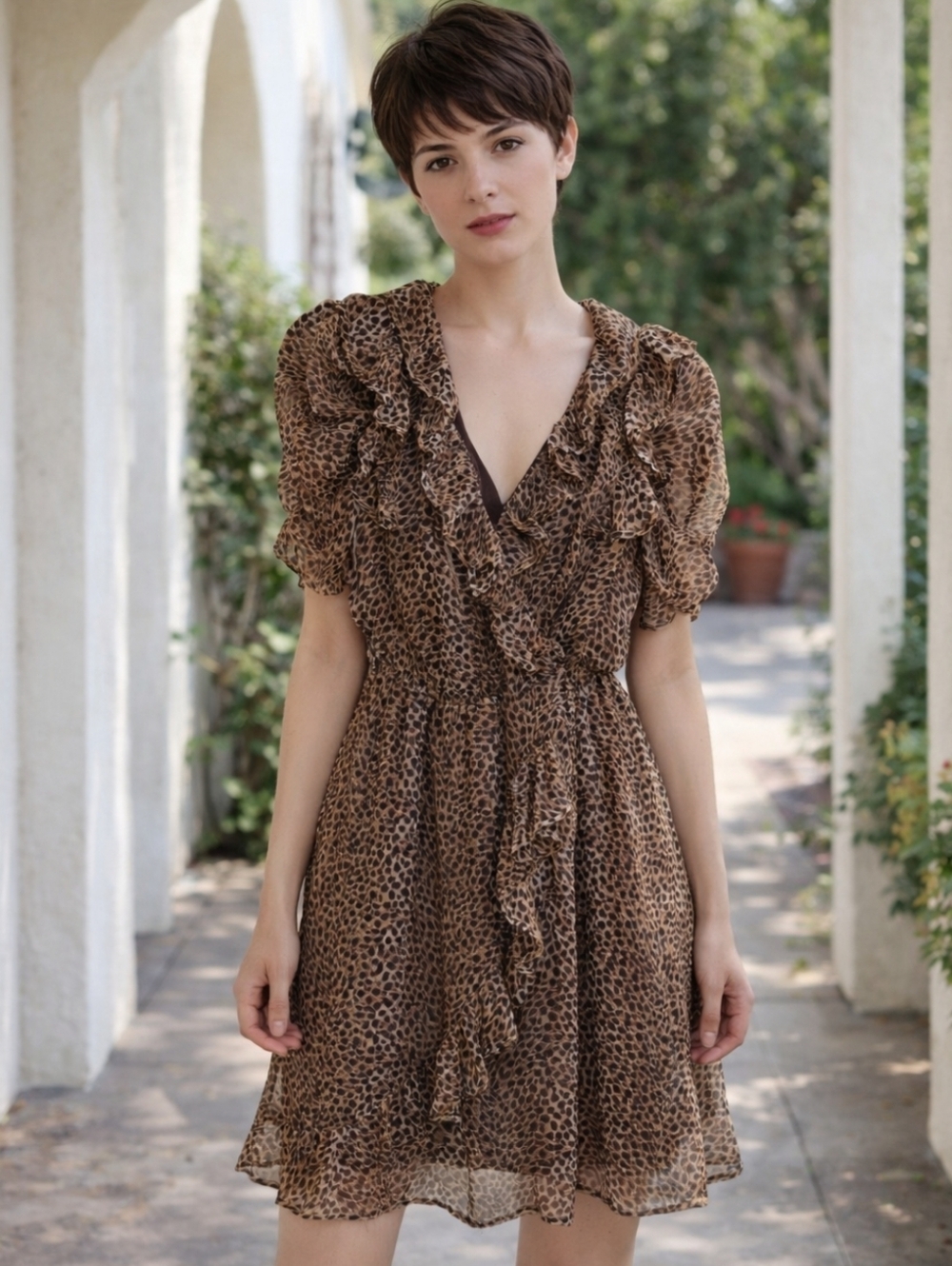 Costa Blanca | Leopard Print Ruffle Mini Dress | V-Neck, Elastic Waist